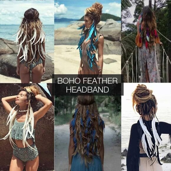 Boho Feather Headband for Women Gypsy Headpiece Cotton Polyester Adjustable